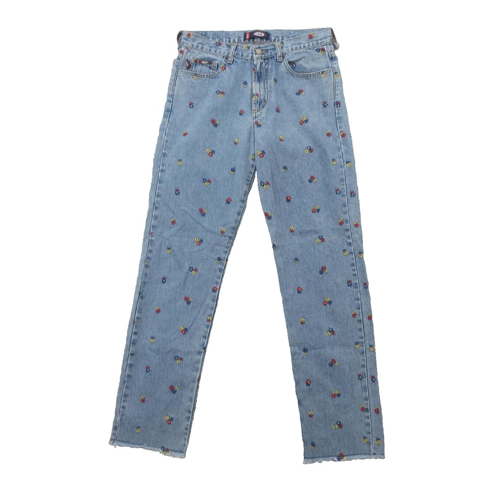 Vintage Bongo Jeans Womens Medium Blue Floral Embroidered High Rise 90s Y2K